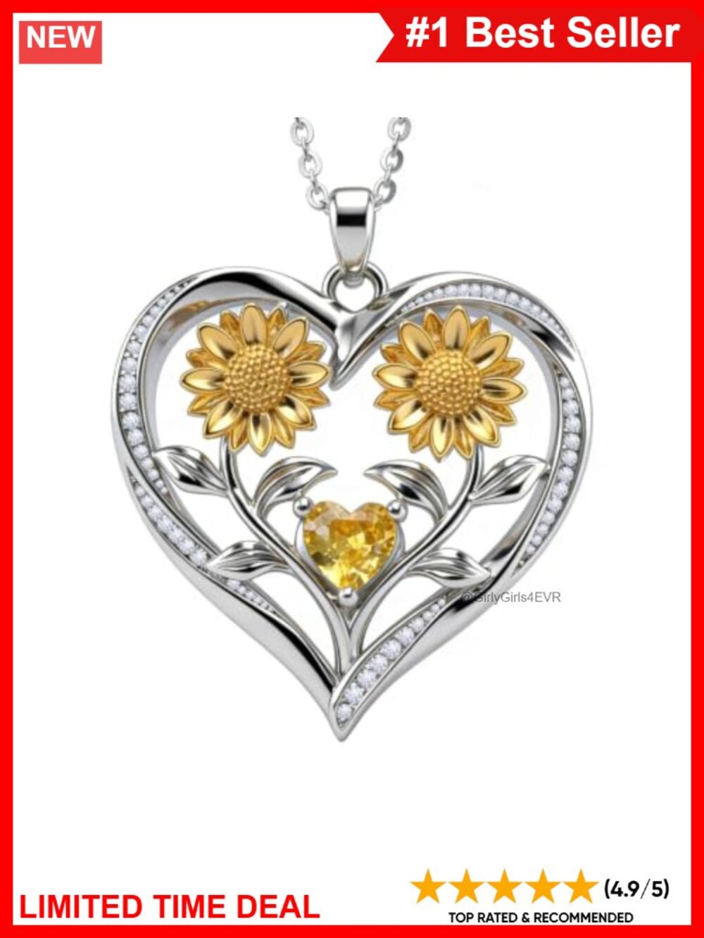 925 Sterling Silver Sunflower Heart Necklace CZ 18 in